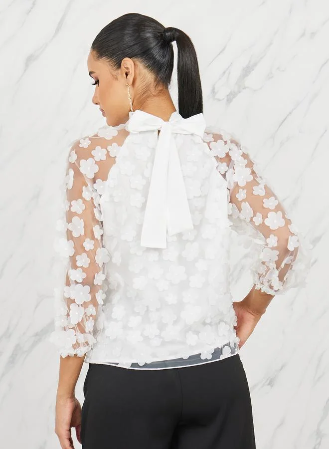 ستايلي Floral Applique Mesh Back Tie Up Blouse