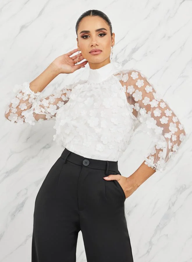 ستايلي Floral Applique Mesh Back Tie Up Blouse