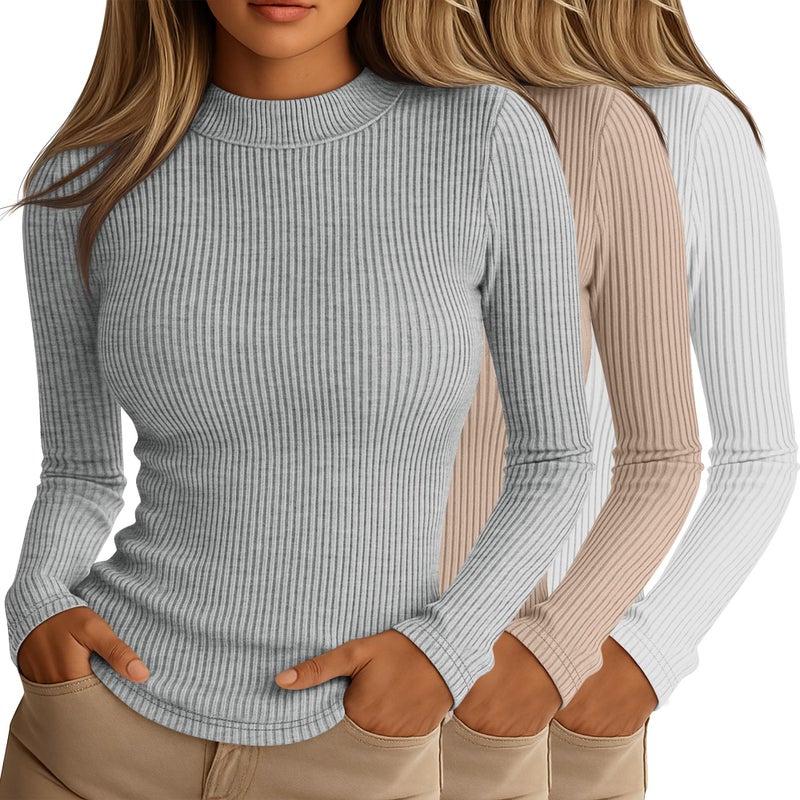 Riyiper 3 Pack Women's Ribbed Shirts, Mock Turtleneck Long Sleeve Tops Slim Fitted Undershirts Casual Basic Layering Tees(White, Cream, Light Gray,Small) - Image 1