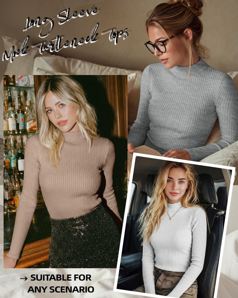 Riyiper 3 Pack Women's Ribbed Shirts, Mock Turtleneck Long Sleeve Tops Slim Fitted Undershirts Casual Basic Layering Tees(White, Cream, Light Gray,Small) - Image 4