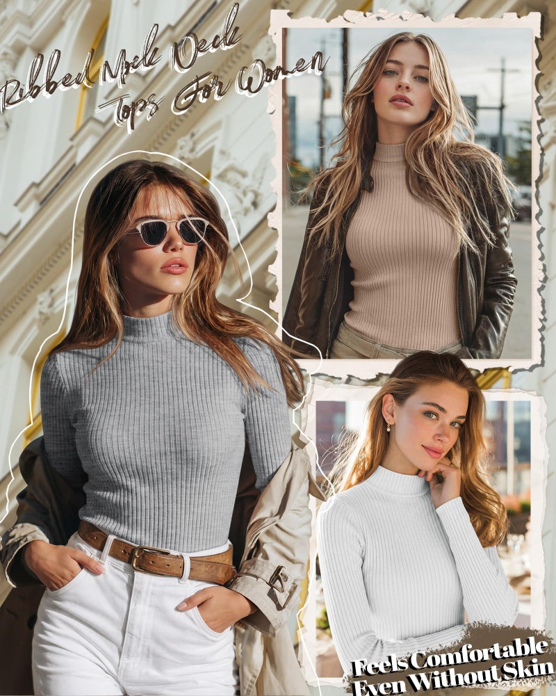 Riyiper 3 Pack Women's Ribbed Shirts, Mock Turtleneck Long Sleeve Tops Slim Fitted Undershirts Casual Basic Layering Tees(White, Cream, Light Gray,Small) - Image 3
