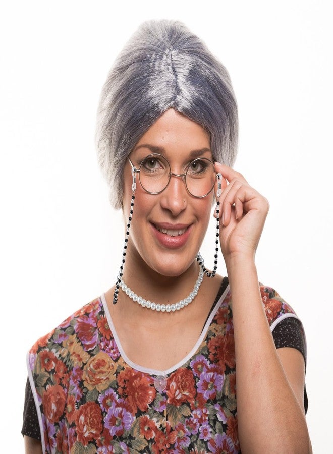 باروكة جدّة رمادية من GenmeiFBH، طقم زيّ سيدة عجوز، باروكة جدّة مع قبعة، نظارات، سلسلة نظارات، وقلادة لؤلؤ، طقم من 5 قطع، مثالي لزيّ 100 يوم دراسي - Image 3