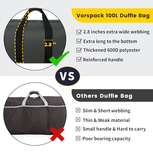 Vorspack Extra Large Duffle Bag for Travel - 100L Duffel Bag for Men Gear Bag for Storage Foldable Weekender Bag for Overnight Camping - Grey - Image 3