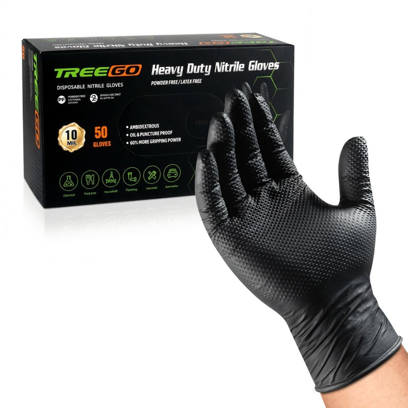 TREEGO 10 Mil Black Nitrile Gloves Heavy Duty â€” Diamond Texture Grip, Latex Free Disposable Mechanic Gloves, X-Large, 50 Count - Image 1