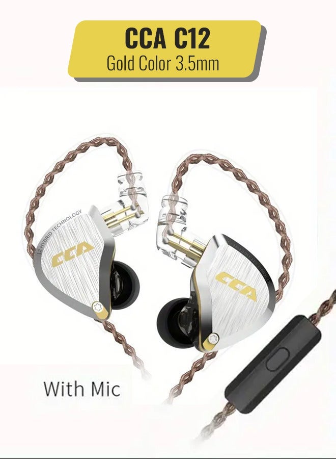 سي سي أيه سماعات أذن C12 هجينة عالية الدقة، 5BA و1DD، عازلة للضوضاء، صوت ستيريو، سلكية، للموسيقيين، وعشاق الموسيقى، والمغنين، ومنسقي الأغاني (ذهبية، مع ميكروفون) - Image 1