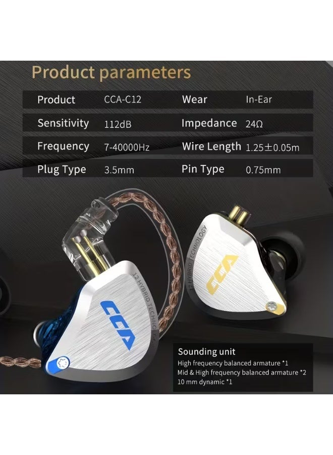 سي سي أيه سماعات أذن C12 هجينة عالية الدقة، 5BA و1DD، عازلة للضوضاء، صوت ستيريو، سلكية، للموسيقيين، وعشاق الموسيقى، والمغنين، ومنسقي الأغاني (ذهبية، مع ميكروفون) - Image 4