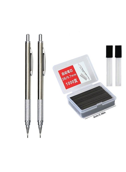 2PCS 0.7mm Automatic Pencils & 1000PCS Refills - Full Metal Art Drawing Mechanical Pencil Set for Office & School Supplies