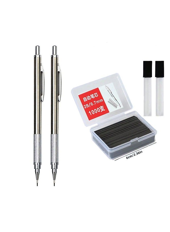 Generic 2PCS 0.7mm Automatic Pencils & 1000PCS Refills - Full Metal Art Drawing Mechanical Pencil Set for Office & School Supplies  - Image 1