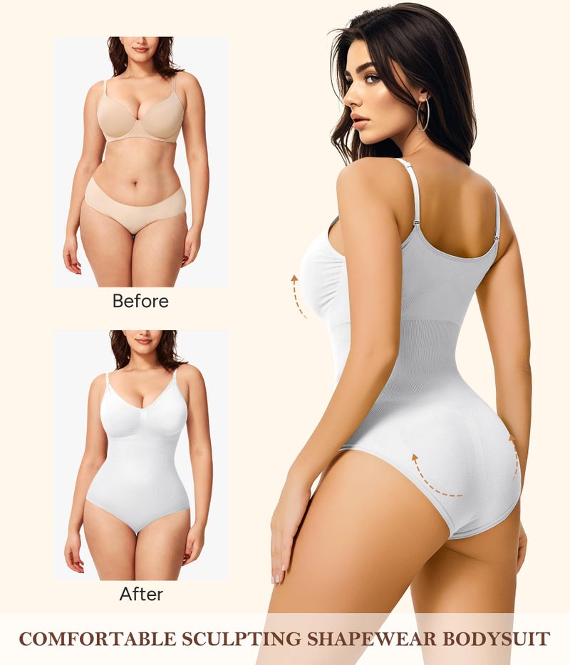 Irisnaya Women Slimming Bodysuits Shapewear Tops Tummy Control Body Shaper Spaghetti Strap Camisole Leotards Bodycon Jumpsuit (White, Medium/Large) - Image 4