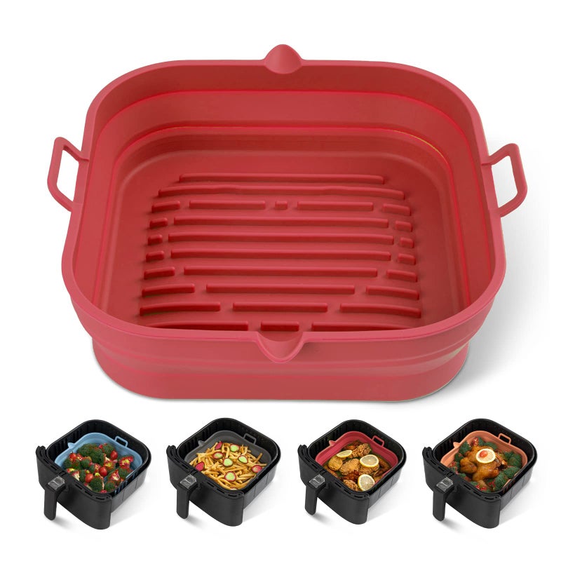 Loveuing Silicone Air Fryer Liners Square  Reusable Airfryer Silicone Basket  Easy to Clean Air Fryers Silicone Pot for 58 to 8 Qt Air Fryer Baking Tray Oven Accessories 85 Inch LargeRed