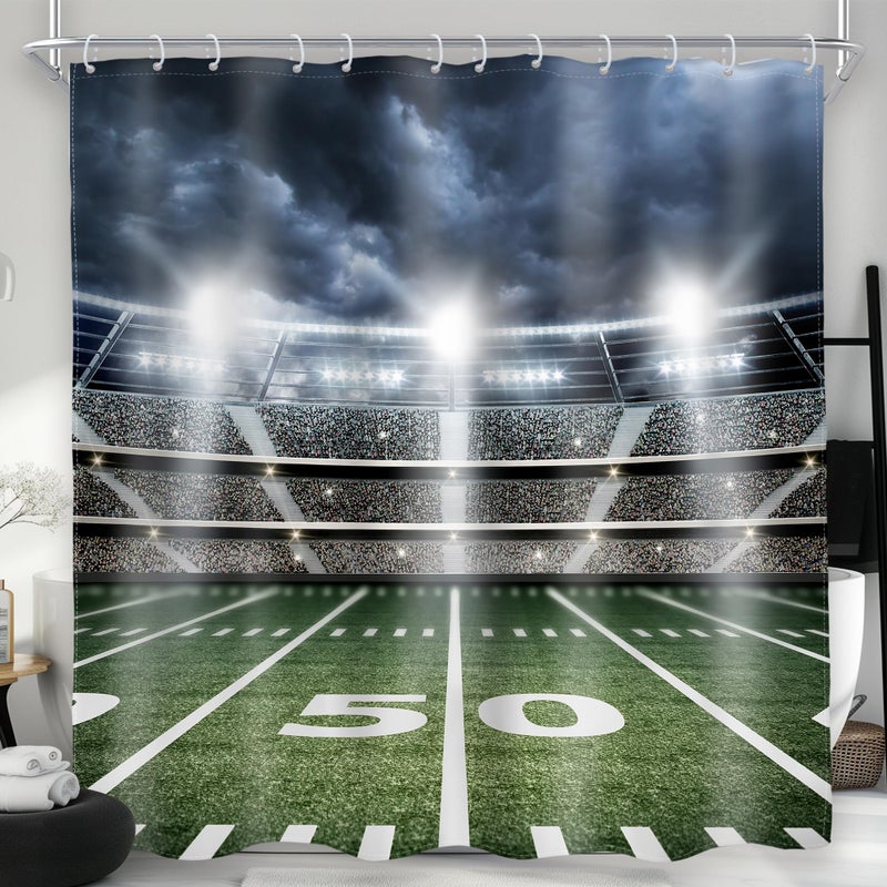 AMBZEK Boys Football Shower Curtain Sports American Sports Bathroom Accessories 72Wx72L Men Masculine Shower Curtain Set Stadium Field Soccer Green Cloth Fabric Bathroom Decor Set with 12 Pack Hooks