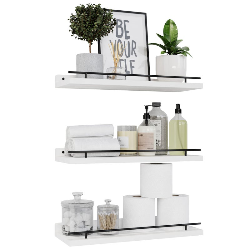 WOPITUES Floating Shelves with Black Metal Guardrail, Shelves for Wall Decor Set of 3, Wall Shelves for Bedroom, Bathroom, Kitchen, Living Room, Plants, Picture Frames, Art- Black and White - Image 1