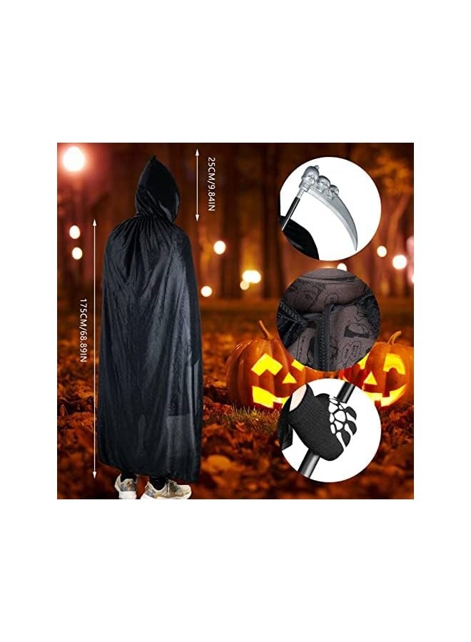 4Pcs Kids Adult Death Scary Halloween Costumes, Black Halloween Grim-Reaper Costume Set, Velvet Hooded Cape Skull Face Mask Skeleton Hand Gloves Prop for Men Women  - Image 2
