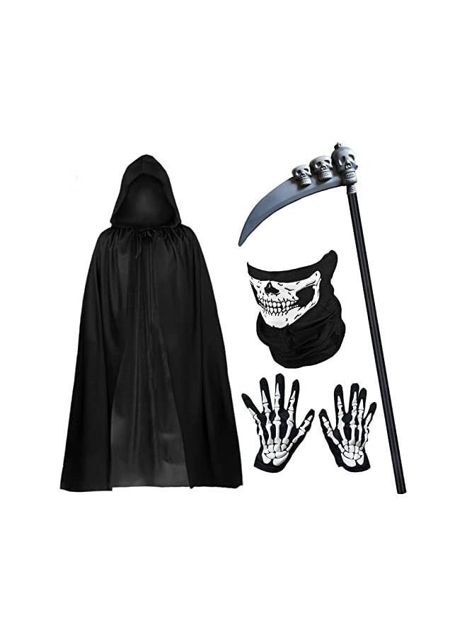 4Pcs Kids Adult Death Scary Halloween Costumes, Black Halloween Grim-Reaper Costume Set, Velvet Hooded Cape Skull Face Mask Skeleton Hand Gloves Prop for Men Women  - Image 1