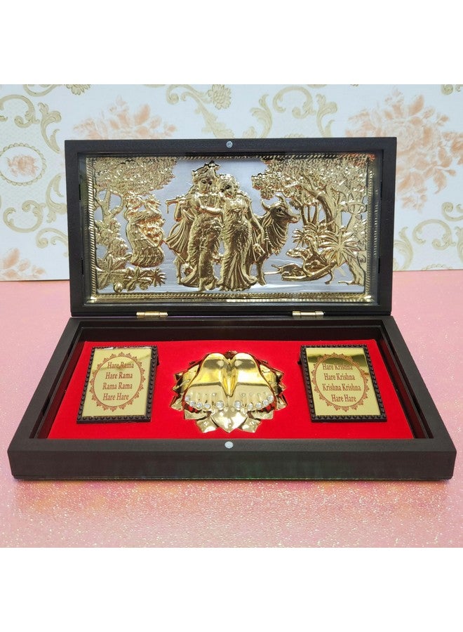 ARNAVIRA Plastic Rectangular Gold Plated Radha Krishna Photo Frame with Charan Paduka Pocket Temple for Diwali Gift, House Warming Gifts Return Gift Puja Box(Radha Krishna)Wall Mount 21Lx12WCentimeter - Image 1
