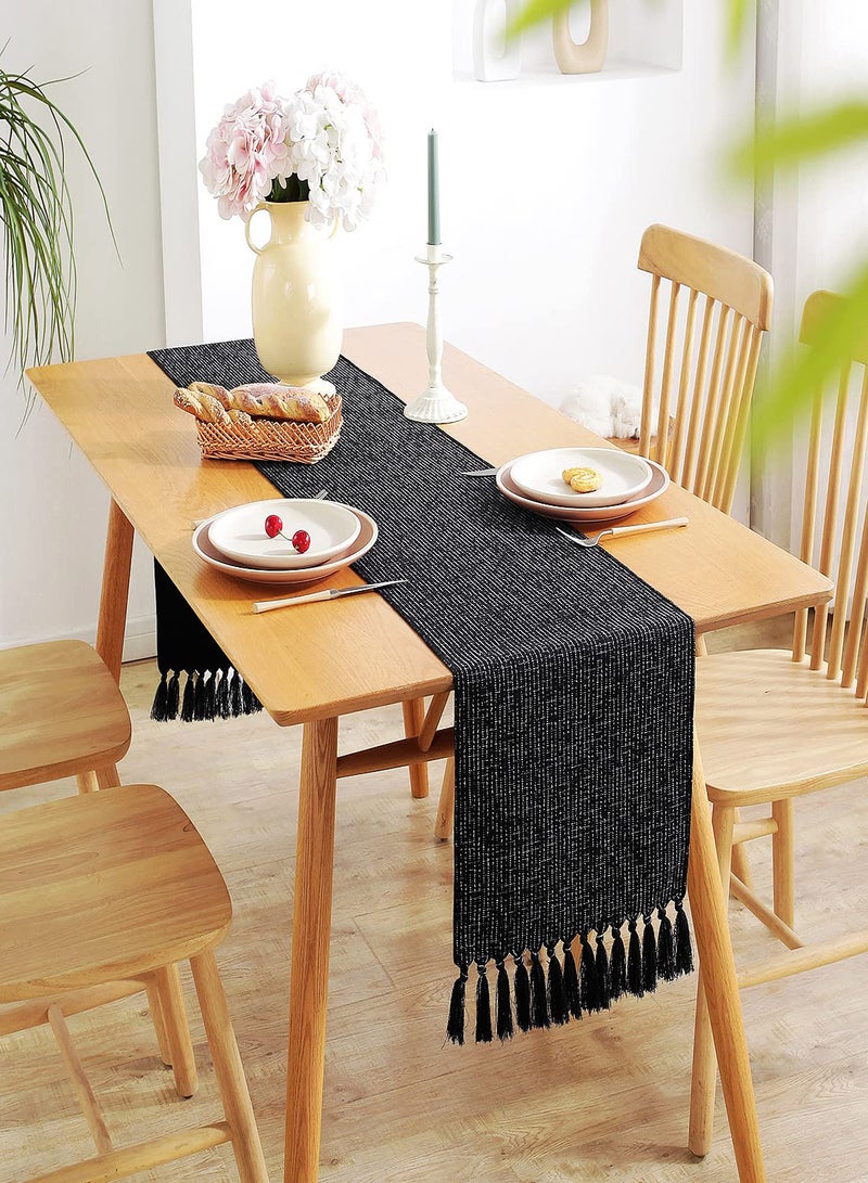 Rustic Black Burlap Table Runner, 33x183cm Washable Boho Style for Dining Room, Bedroom Decor, and Holiday Party Centerpiece - Image 1