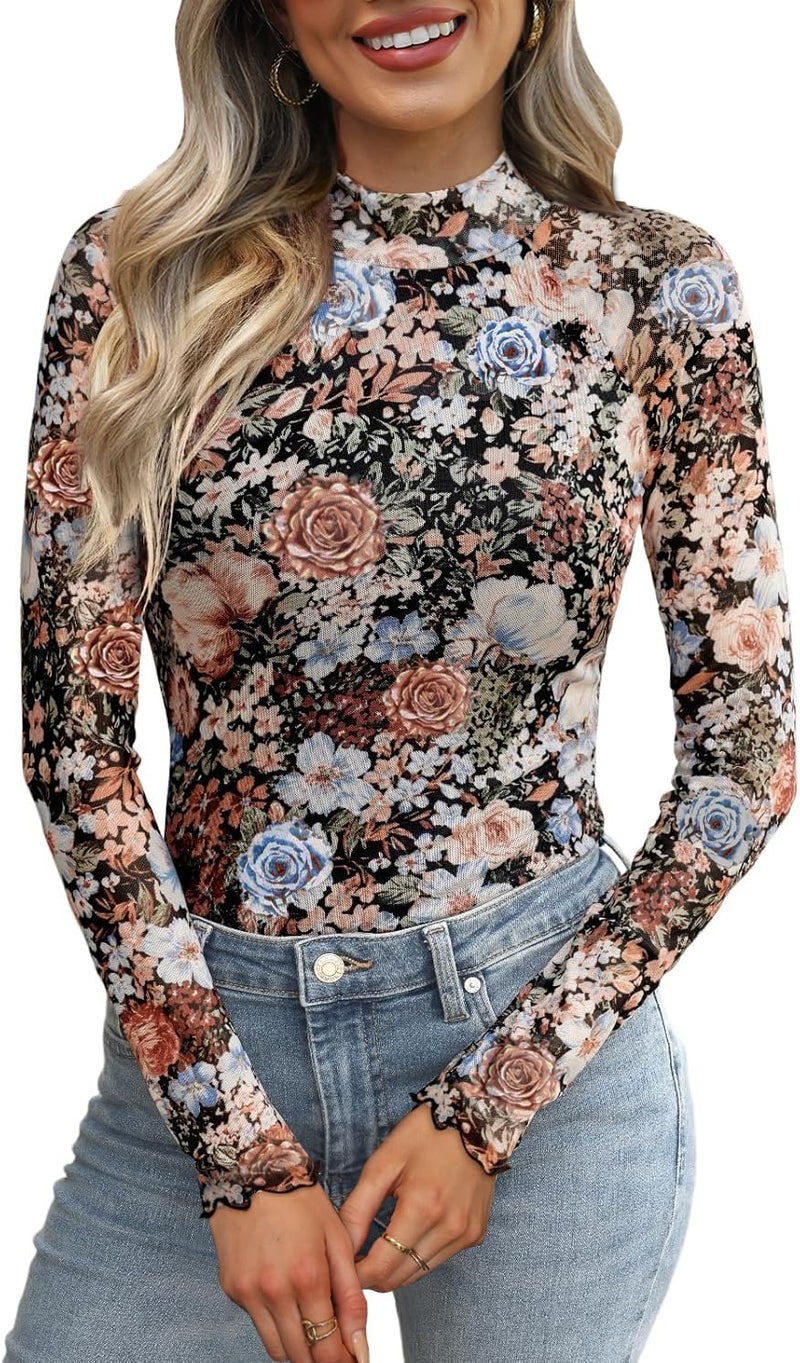 OFEEFAN Going Out Tops for Women Trendy Mesh Mock Neck Western Outfits Multi Floral M - Image 1