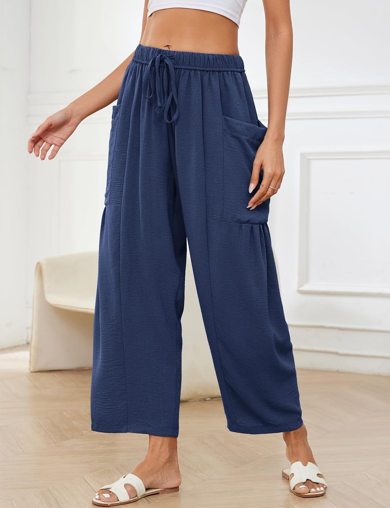 Flygo Women's Wide Leg Pants Summer Beach High Waisted Flowy Palazzo Trousers Casual Loose Drawstring Harem Pants with Pocket(NavyBlue XL) - Image 3
