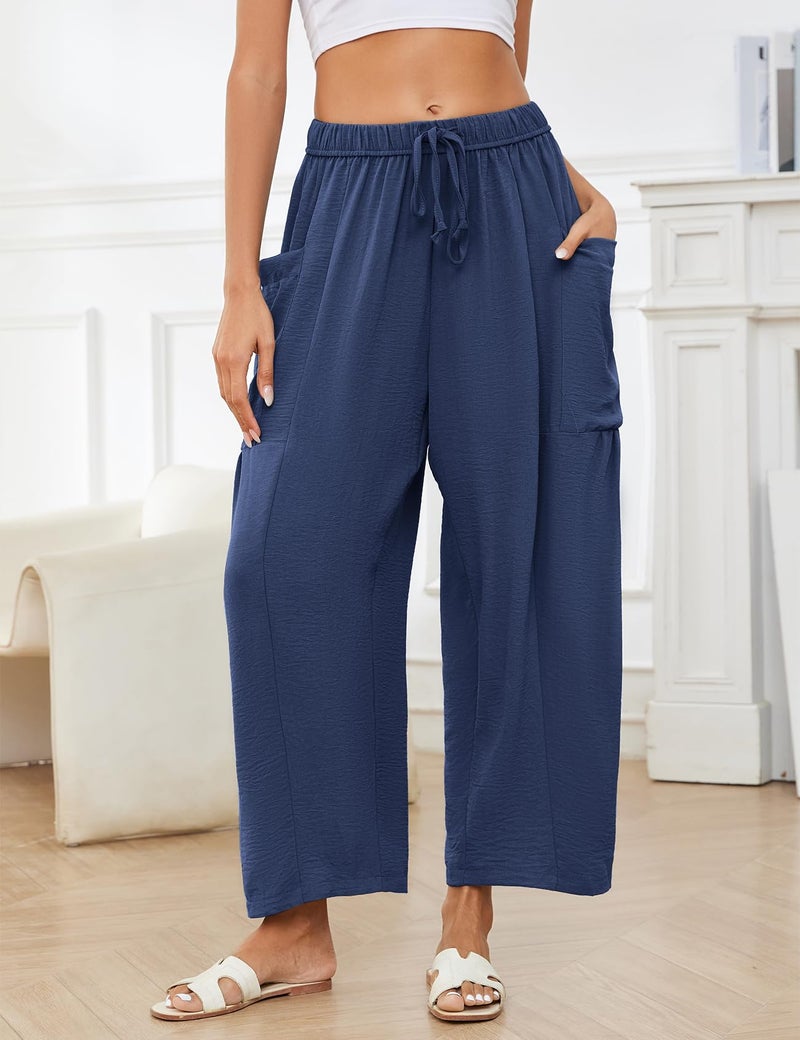 Flygo Women's Wide Leg Pants Summer Beach High Waisted Flowy Palazzo Trousers Casual Loose Drawstring Harem Pants with Pocket(NavyBlue XL) - Image 2