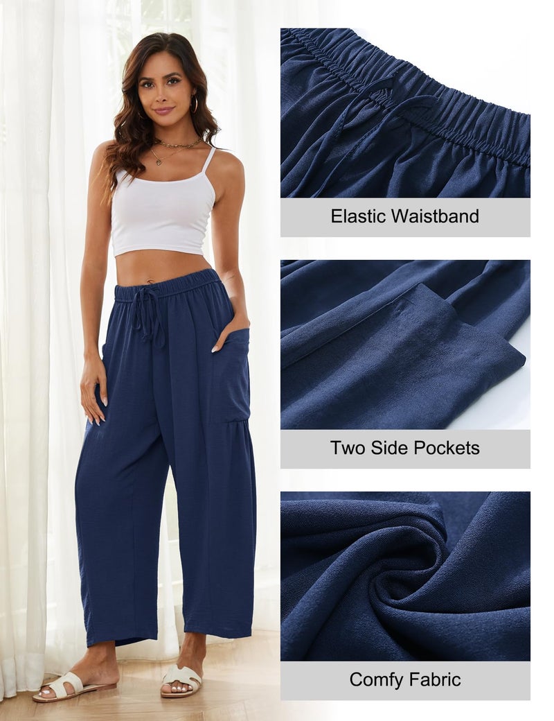 Flygo Women's Wide Leg Pants Summer Beach High Waisted Flowy Palazzo Trousers Casual Loose Drawstring Harem Pants with Pocket(NavyBlue XL) - Image 4