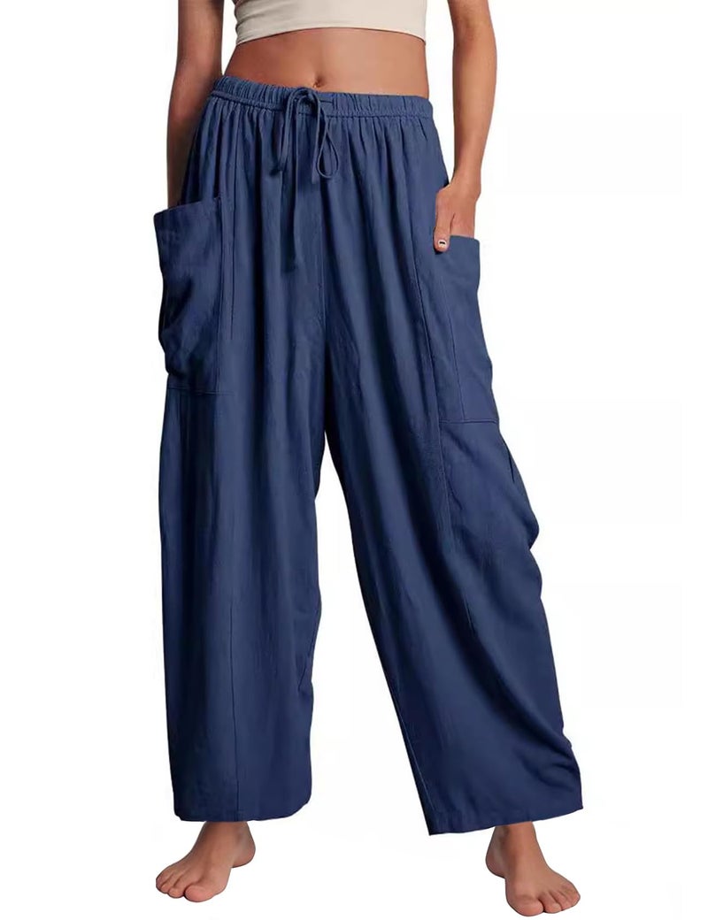 Flygo Women's Wide Leg Pants Summer Beach High Waisted Flowy Palazzo Trousers Casual Loose Drawstring Harem Pants with Pocket(NavyBlue XL) - Image 1