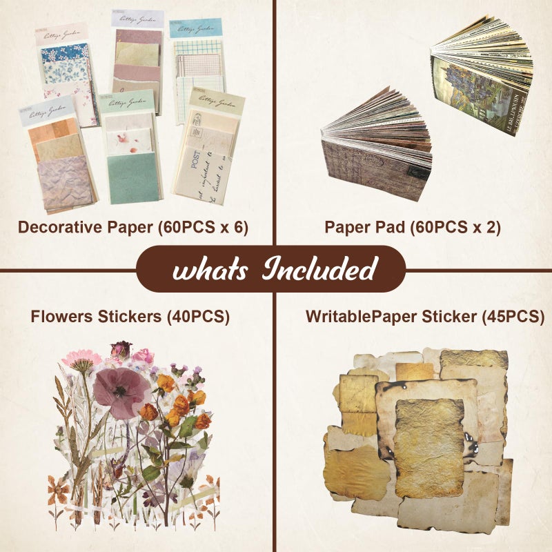 Naszonus 565 Pcs Vintage Scrapbook Paper Kit, Scrapbook Paper Supplies with Flowers Stickers, Journaling Decorative CraftPaper Set for Junk Journal, Retro Crafts - Image 3