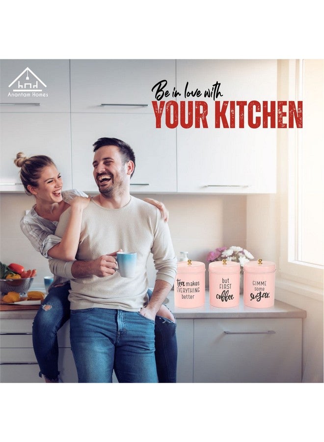 anantam homes طقم حاويات الشاي والسكر والقهوة الملونة من أنانتم هومز مكون من 3 قطع | حاوية تخزين طعام من الفولاذ المقاوم للصدأ محكمة الإغلاق لسطح المطبخ مع أغطية للسكر والقهوة والشاي (جيمي - وردي فاتح) - Image 5