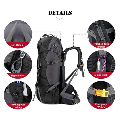 Bseash 60L Waterproof Hiking Camping Backpack with Rain Cover, Large Outdoor Sport Travel Daypack Rucksack for Climbing - Image 3