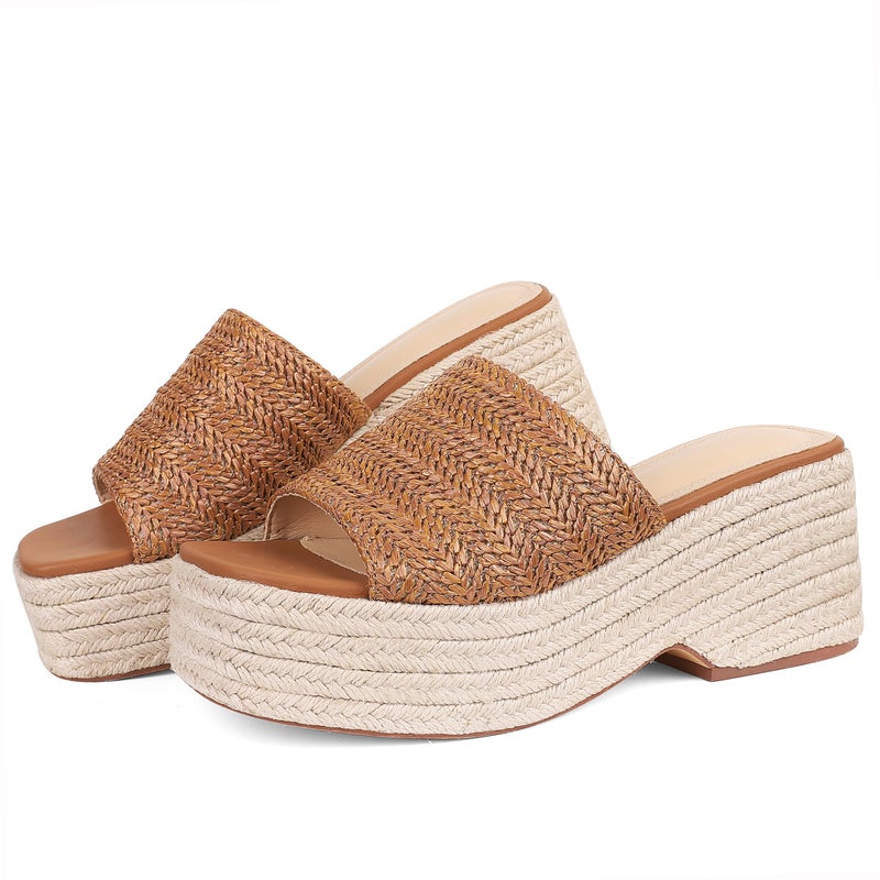 EQAUDES Wedge Sandals for Women Espadrille Sandals Brown Wedge Slides Raffia Straw Sandals Flatform Open Toe Beach Sandals Size 8 - Image 1