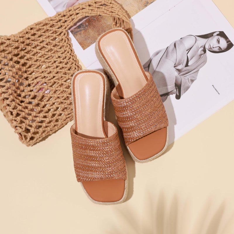 EQAUDES Wedge Sandals for Women Espadrille Sandals Brown Wedge Slides Raffia Straw Sandals Flatform Open Toe Beach Sandals Size 8 - Image 3
