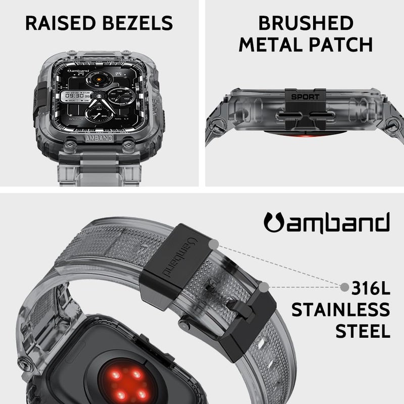 amBand Bands Compatible with Apple Watch 9/8/7 45mm, M1 Sport Series Rugged Case with TPU Strap Military Protective Tough Cover Bumper for iWatch SE3/SE2/SE/6/5/4/3 44mm 42mm Men Crystal Black - Image 2