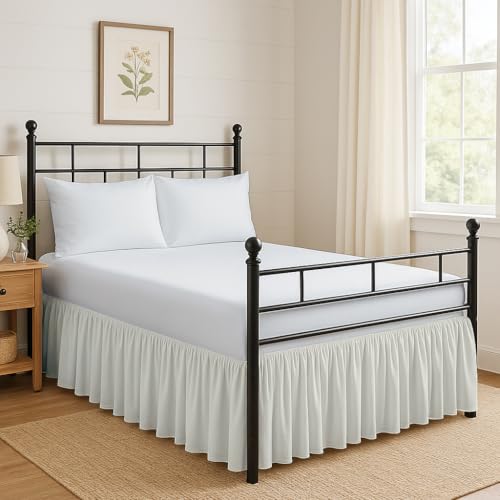 Exotic Linen Ruffled Bed Skirt Split Corners with Platform, Tailored Fit Hotel Quality Wrinkle Free Ultra-Soft Microfiber Dust Ruffle, Upto 12 Inch Drop, Queen, Ivory - Image 1