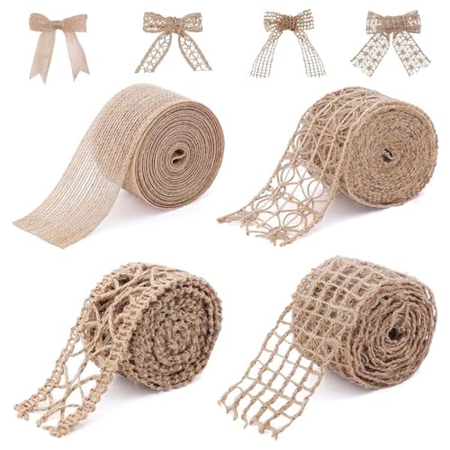 Homeaura® Jute Burlap Fabric Ribbon Lace Roll | 4 Rolls 6.6ft Long Jute Rope for DIY Crafts and Gift Wrapping Wedding Decorations and Event Decor | Natural Fabric Roll Craft Decoration (4 Rolls) - Image 1