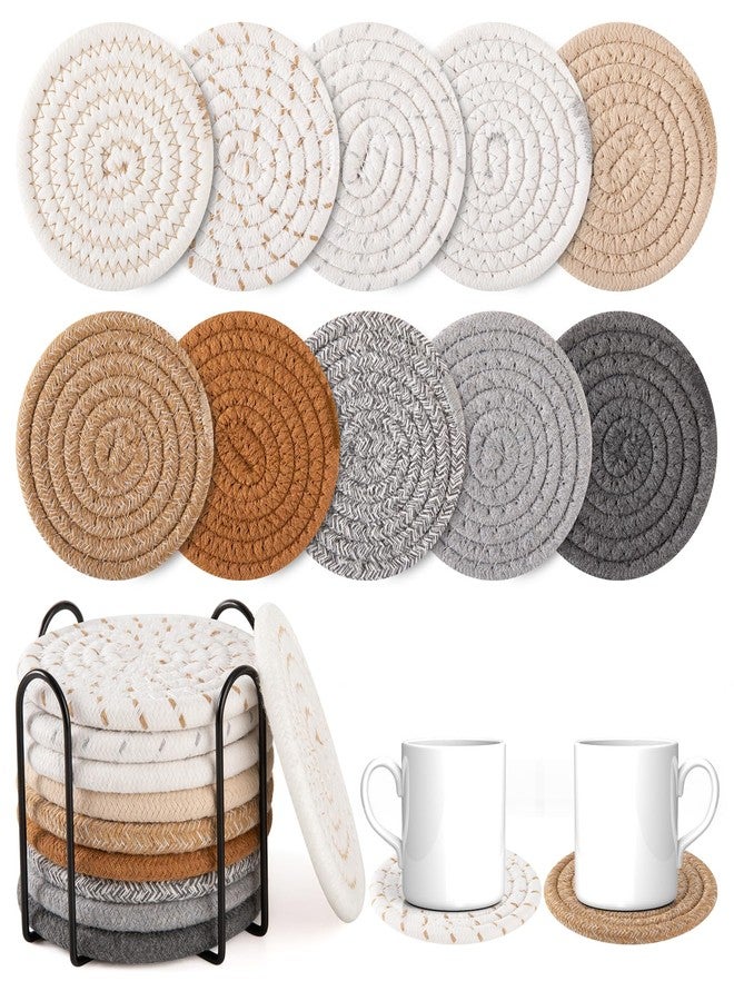 OIAHOMY 10 Pcs Drink Coasters with Holder, Boho Cotton Woven Coaster Set, Absorbent Coaster Protection for Various Cups, Ideal for Coffee Tables Home Decor and Gift, 4.3 Inches,Mixed Yellow - Image 1