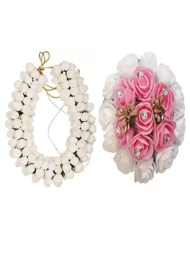 AROOMAN Hair Bun Combo Mogra Artificial Gajra & Full juda Bun for Women in White and pink Pack-02 - Image 2