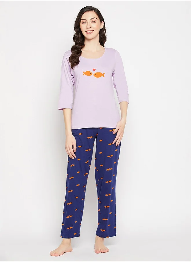 كلوفيا Clovia Fish Print Top in Lilac & Pyjama in Navy - 100% Cotton