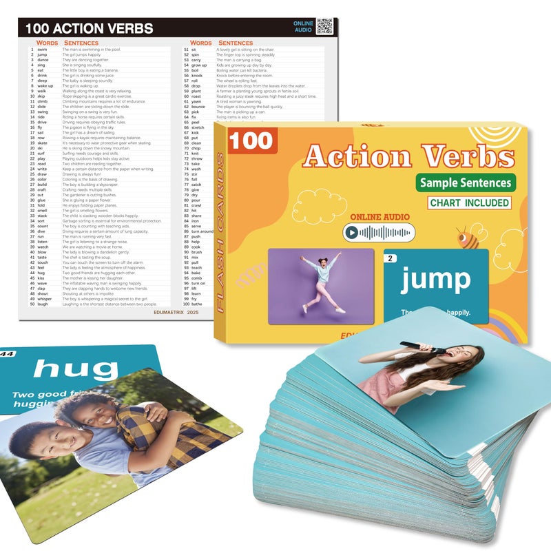 EDUMAETRIX Action Verbs Flash Cards 100 Cards with Sample Photos Sentences Chart and Online Audio Educational Learning Tool - Image 3