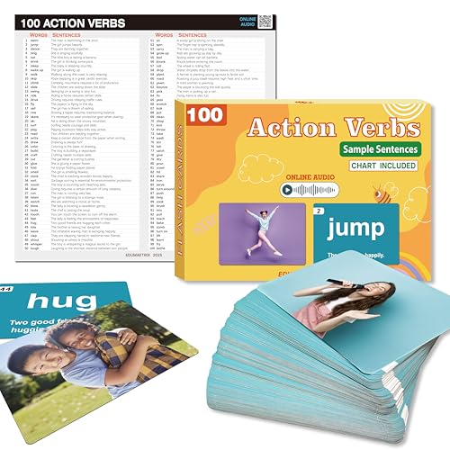 EDUMAETRIX Action Verbs Flash Cards 100 Cards with Sample Photos Sentences Chart and Online Audio Educational Learning Tool - Image 1