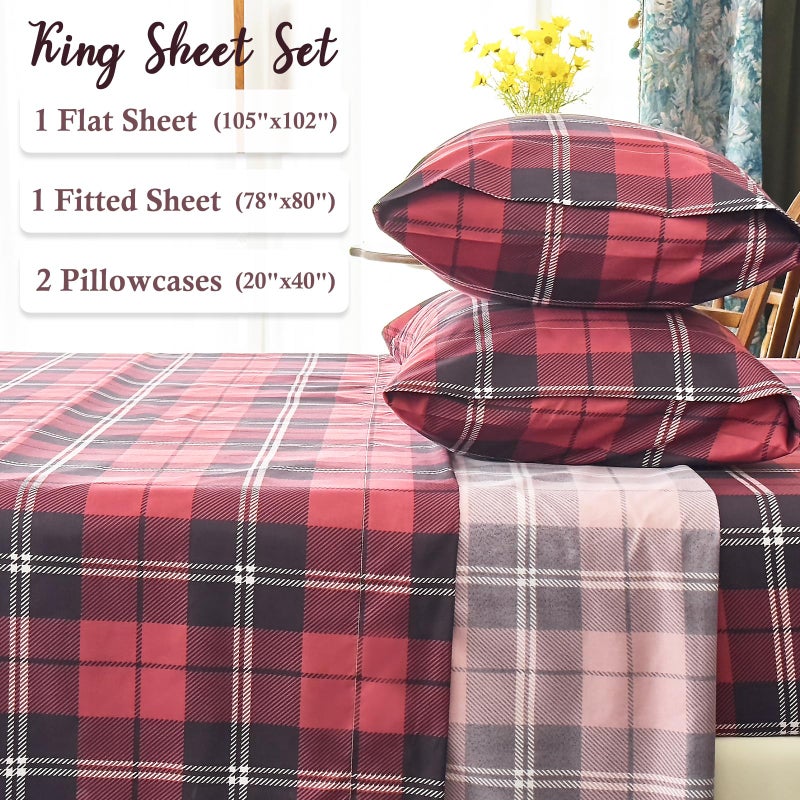 MICORAL مجموعة ورقة Micoral King Set Plaid Plaid 4 قطع صفائح سرير مطبوعة 16 "" Deep Pocket Ultra Soft & Cooling Sheet Oeko-Tex Burgundy Burgundy - Image 3
