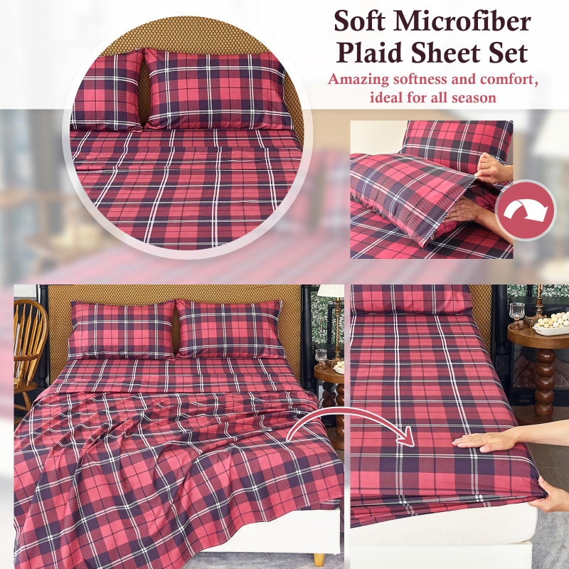 MICORAL مجموعة ورقة Micoral King Set Plaid Plaid 4 قطع صفائح سرير مطبوعة 16 "" Deep Pocket Ultra Soft & Cooling Sheet Oeko-Tex Burgundy Burgundy - Image 5