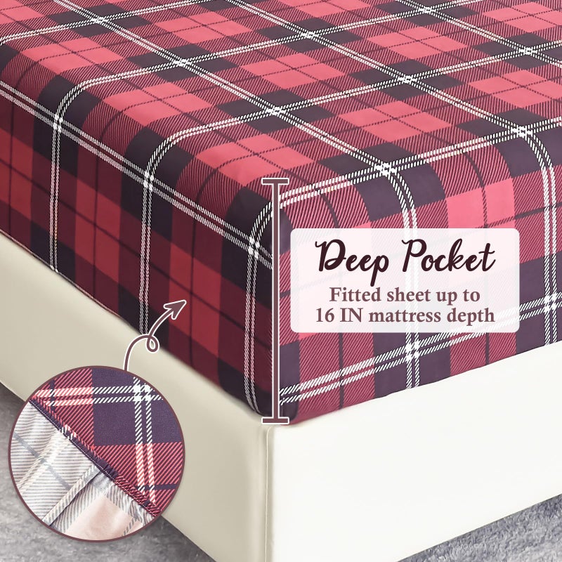 MICORAL مجموعة ورقة Micoral King Set Plaid Plaid 4 قطع صفائح سرير مطبوعة 16 "" Deep Pocket Ultra Soft & Cooling Sheet Oeko-Tex Burgundy Burgundy - Image 2