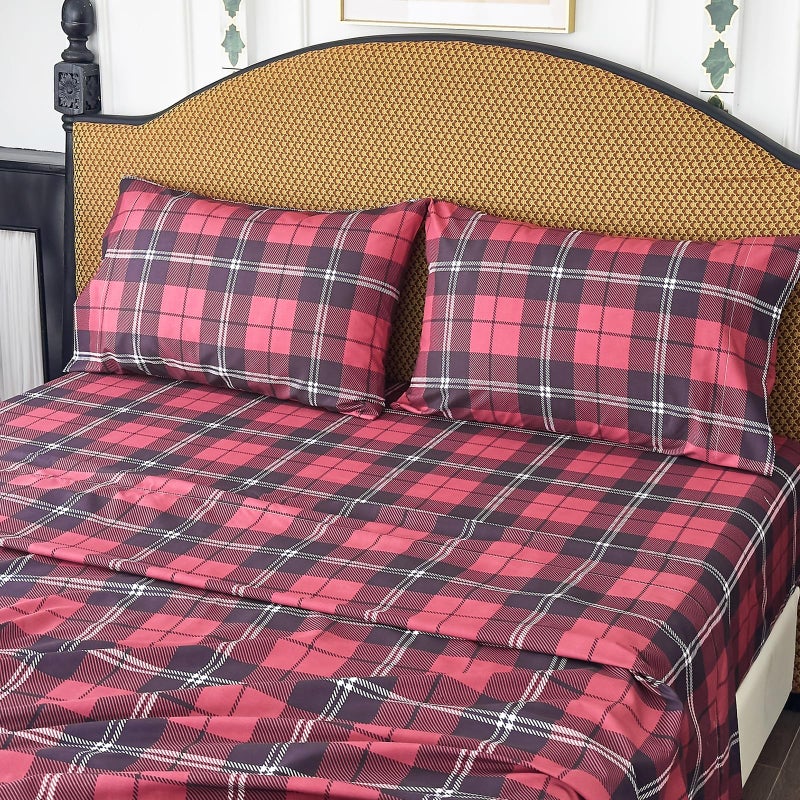 MICORAL مجموعة ورقة Micoral King Set Plaid Plaid 4 قطع صفائح سرير مطبوعة 16 "" Deep Pocket Ultra Soft & Cooling Sheet Oeko-Tex Burgundy Burgundy - Image 1