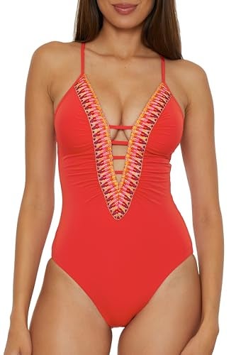 BECCA Delilah - Women's Crochet Trim One Piece Swimsuit, Plunge Neck, Bathing Suits for Women, Fire, Small - Image 1