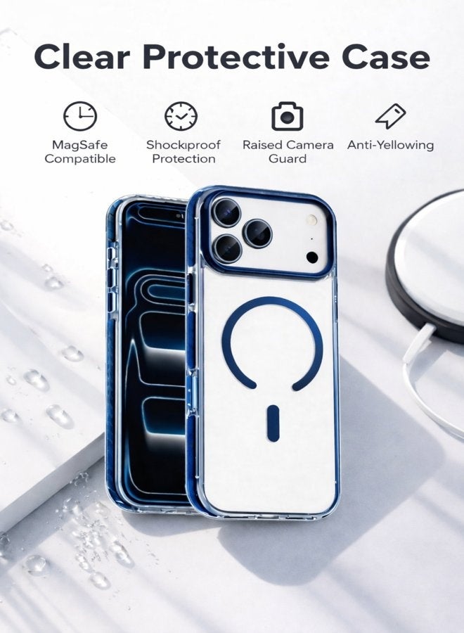 VR CREATIVE Transparent MagSafe Case for Apple iPhone 17 Pro with Blue Bumper and Camera Border Shockproof Back Cover Clear - Image 3