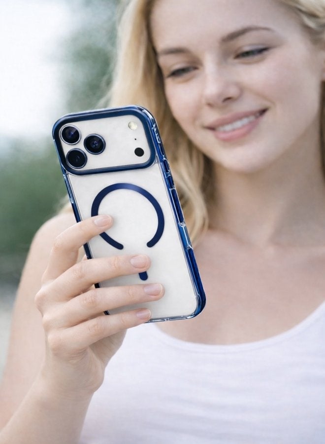 VR CREATIVE Transparent MagSafe Case for Apple iPhone 17 Pro with Blue Bumper and Camera Border Shockproof Back Cover Clear - Image 2