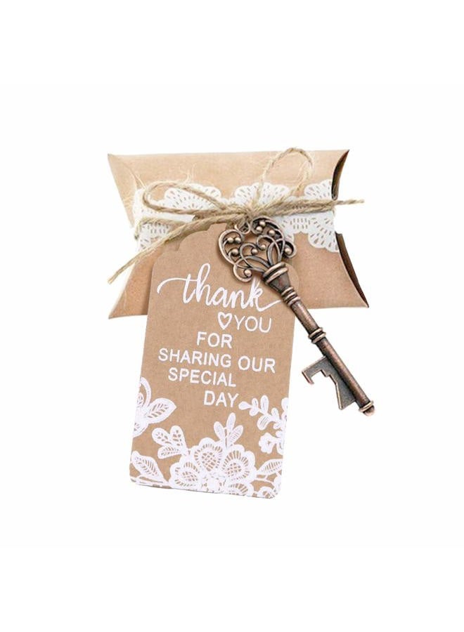 Evanto 50 Sets Vintage Key Bottle Openers, Wedding Favor Souvenir Gift for Guests with Escort Card Thank You Tag Pillow Box and Jute Rope (White Lace) - Image 1