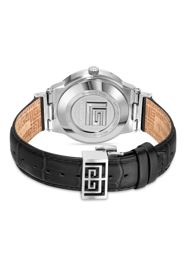 غاي لاروش Sacha Watch for Men with Black Genuine Leather Strap 42 mm 5 Atm