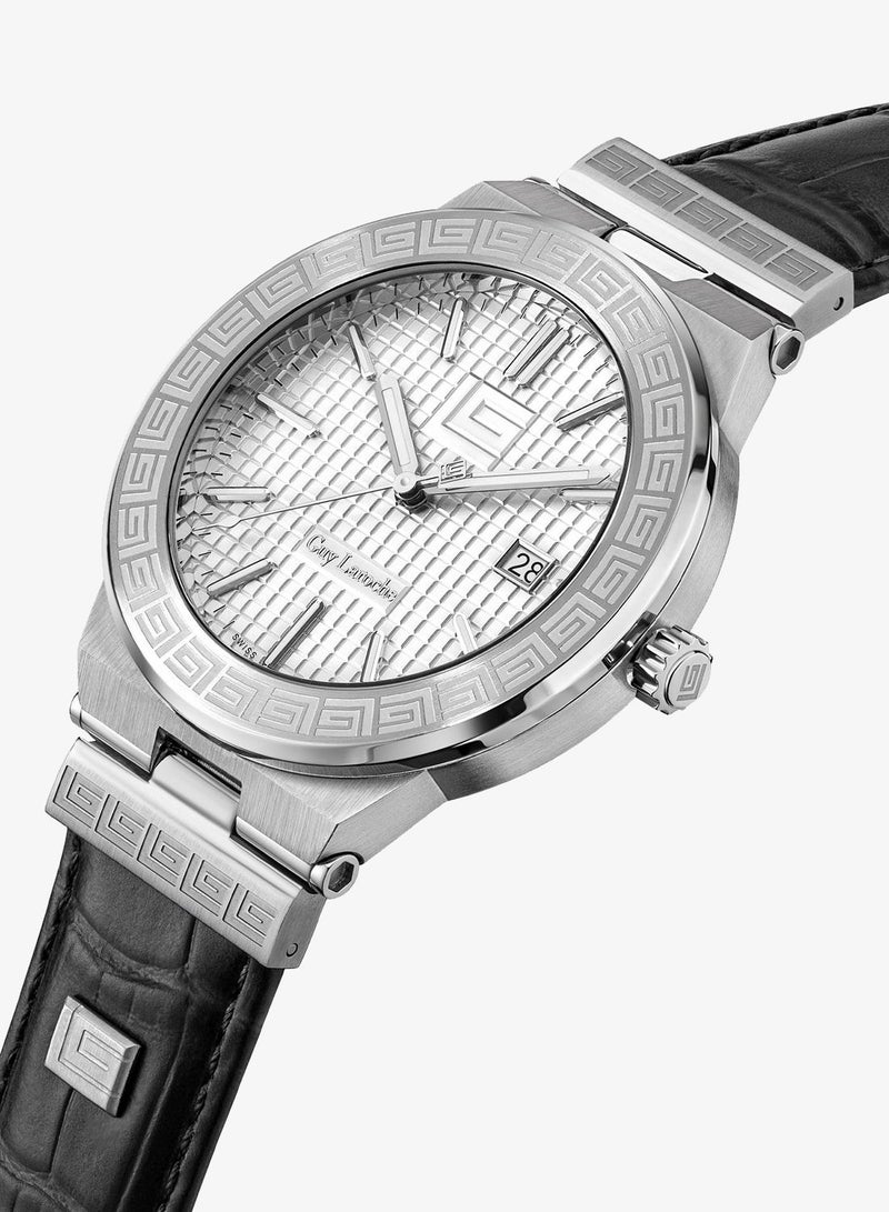 Guy Laroche Sacha Silver Dial and Black Leather Strap Analog Watch for Men 42mm - Image 2