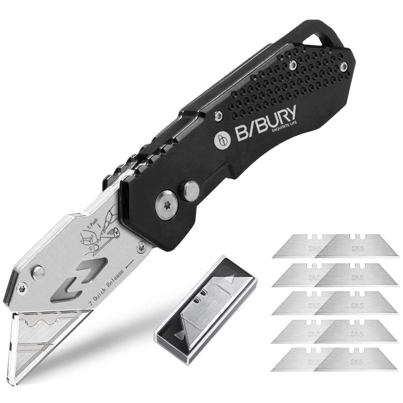 BIBURY Utility Knife  Bibury Upgraded Version Heavy Duty Box Cutter  Pocket Carpet Knife With 10 Replaceable Sk5 Stainless Steel Blades  Belt Clip  Easy Release Button  Quick Change And Safety Lock-Black - Image 1
