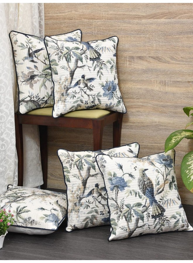 Clasiko Cushion Covers Set Of 5 White Blue With Quilting ; Cotton,250 TC Fabric; 12X12 Inches; Color Fastness Guarantee 16455 - Image 1
